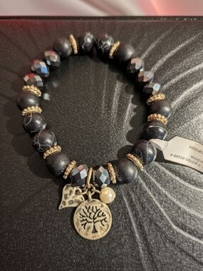 Black Beaded Charm Bracelet with Tree Pendant
